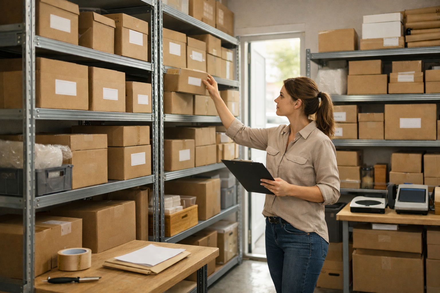 Profesional revisando inventario en trastero con estanterías organizadas y cajas etiquetadas