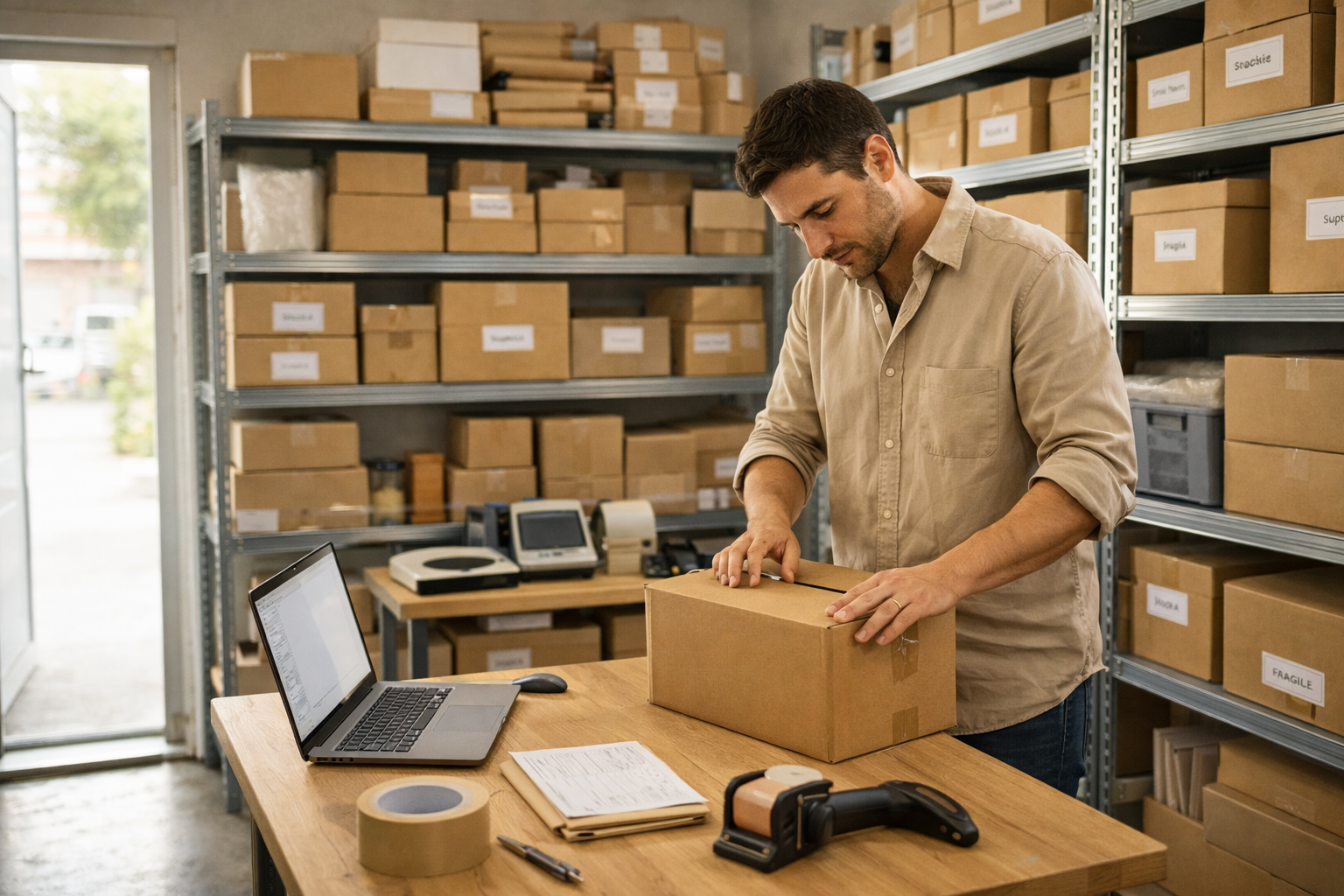 Autónomo preparando pedido en trastero con cajas etiquetadas y material de embalaje sobre mesa de trabajo