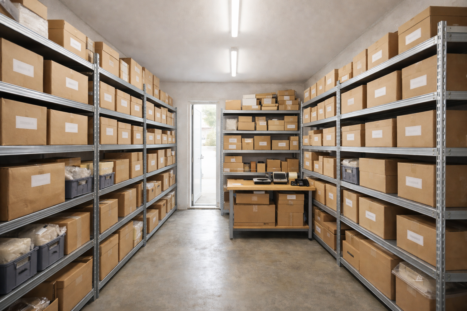 Interior de trastero con estanterías metálicas y cajas etiquetadas, almacenamiento seguro para stock no perecedero