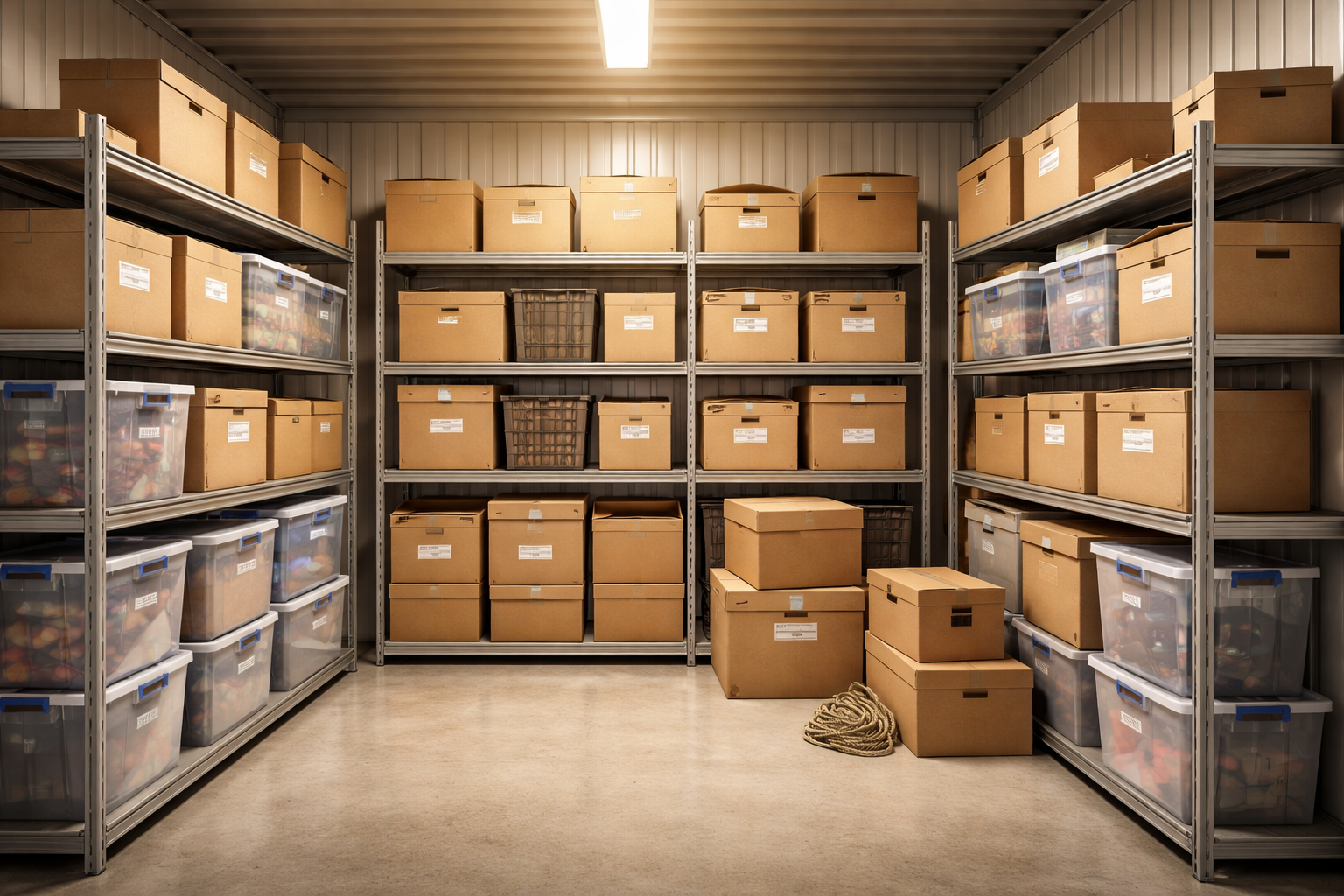 Interior de trastero con estanterías metálicas llenas de cajas de cartón etiquetadas y contenedores de plástico transparente apilados de forma ordenada