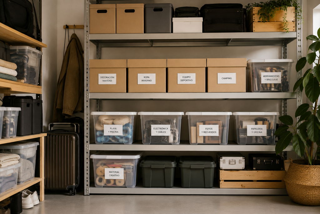 Estanterías con cajas organizadas y objetos de temporada almacenados de forma ordenada en un espacio doméstico