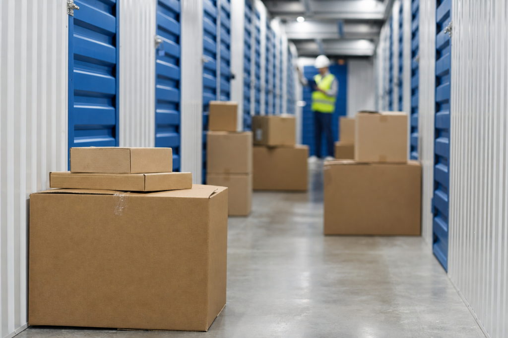 Pasillo de centro de trasteros con puertas azules y cajas de cartón