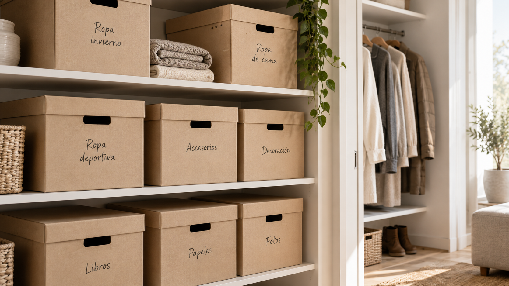 Cajas etiquetadas en un armario minimalista para encontrar todo fácilmente