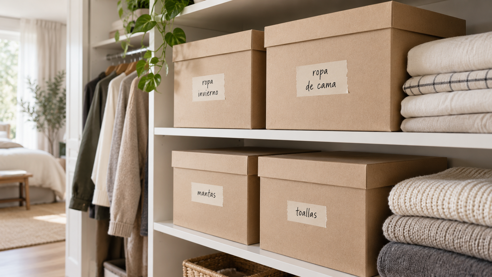 Cajas etiquetadas con ropa de invierno, ropa de cama, mantas y toallas