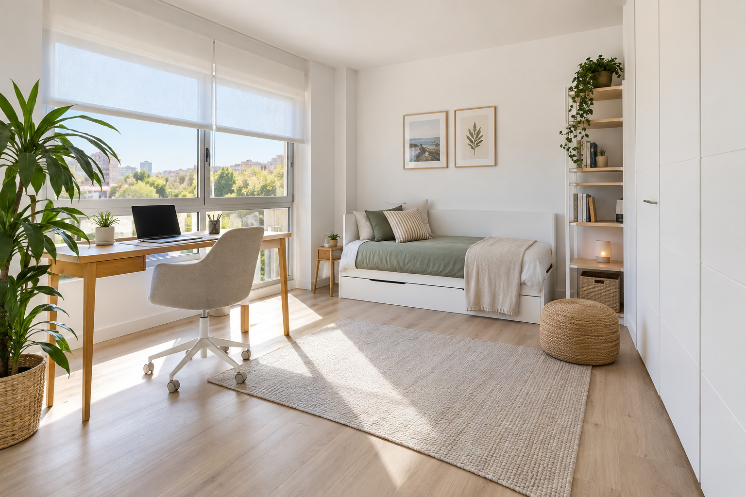 Habitación luminosa y despejada de una vivienda con espacio libre y muebles funcionales