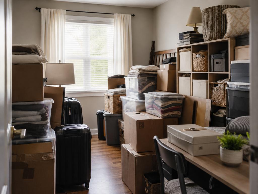 Habitación de vivienda convertida en trastero improvisado con cajas y objetos acumulados