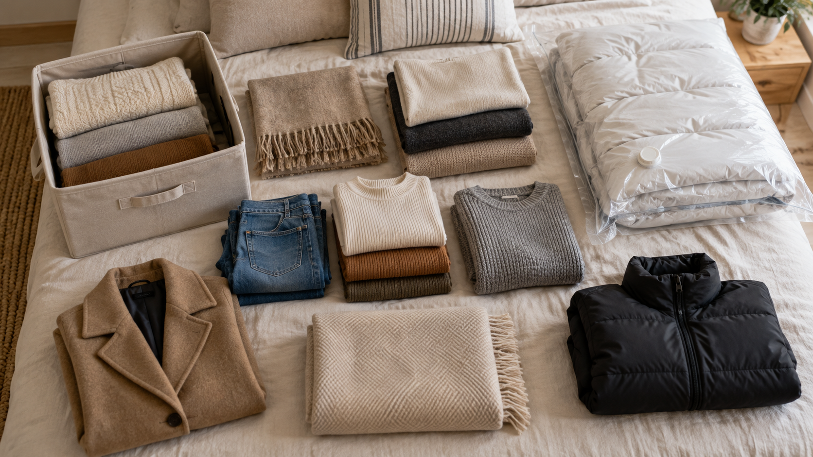 Ropa de invierno clasificada y doblada sobre la cama antes de guardarla