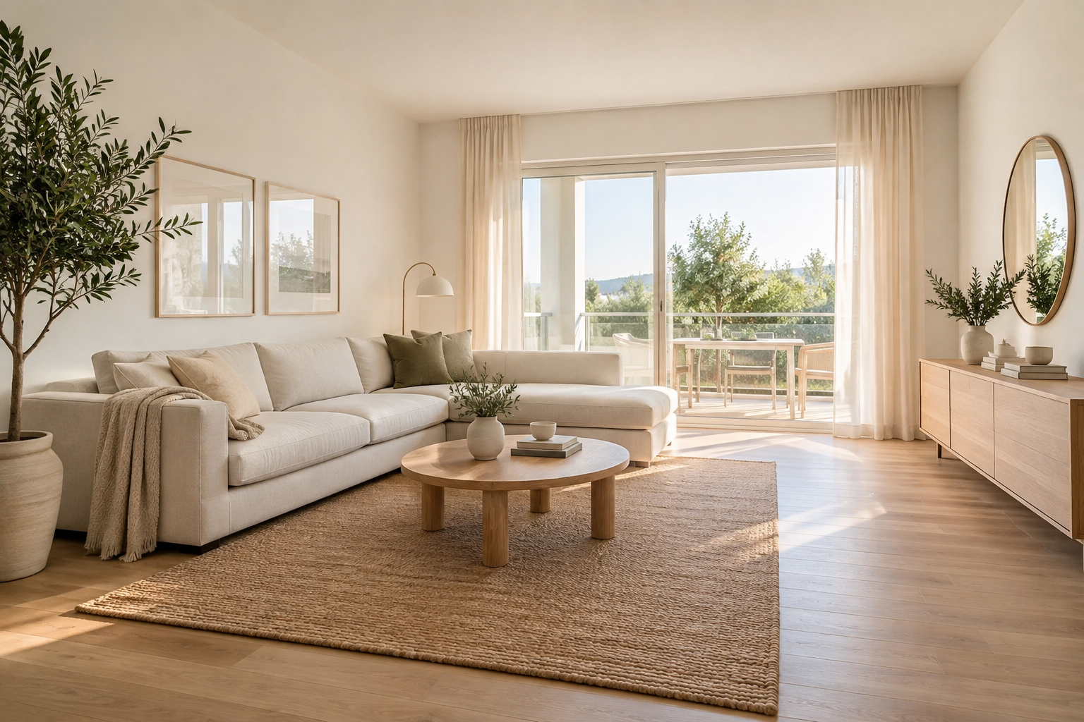 Salón amplio y ordenado de una vivienda con pocos muebles y sensación de espacio