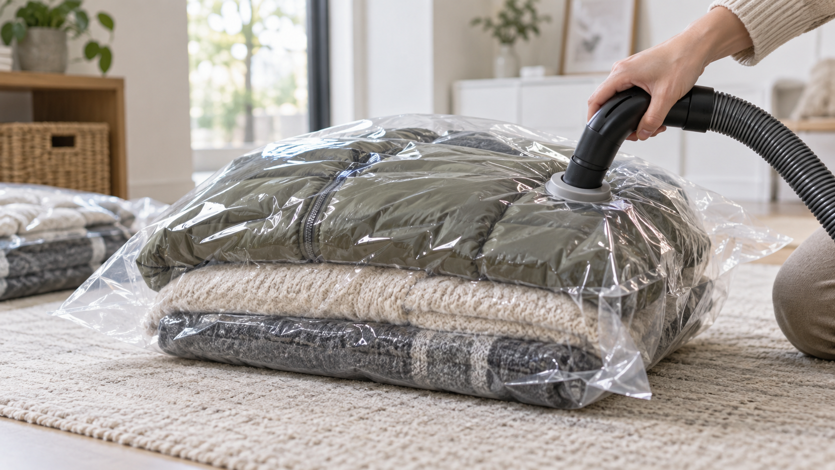 Bolsa al vacío comprimiendo ropa de invierno para ahorrar espacio
