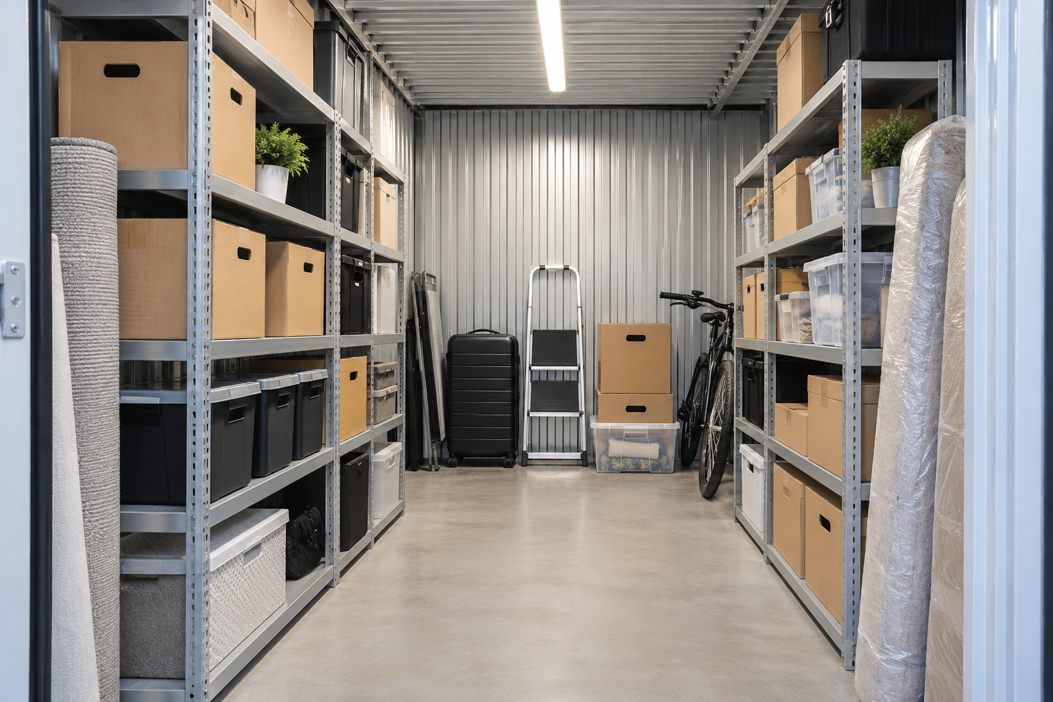 Interior de un trastero de alquiler ordenado con estanterías metálicas y cajas etiquetadas