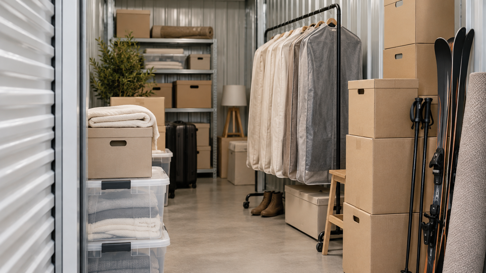Trastero ordenado con cajas, prendas colgadas y material de temporada