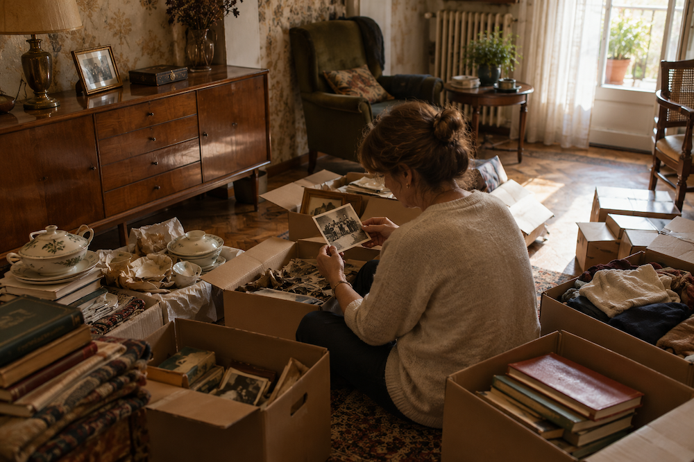 Mujer sentada en el suelo revisando una fotografía antigua rodeada de cajas durante el vaciado de una vivienda heredada